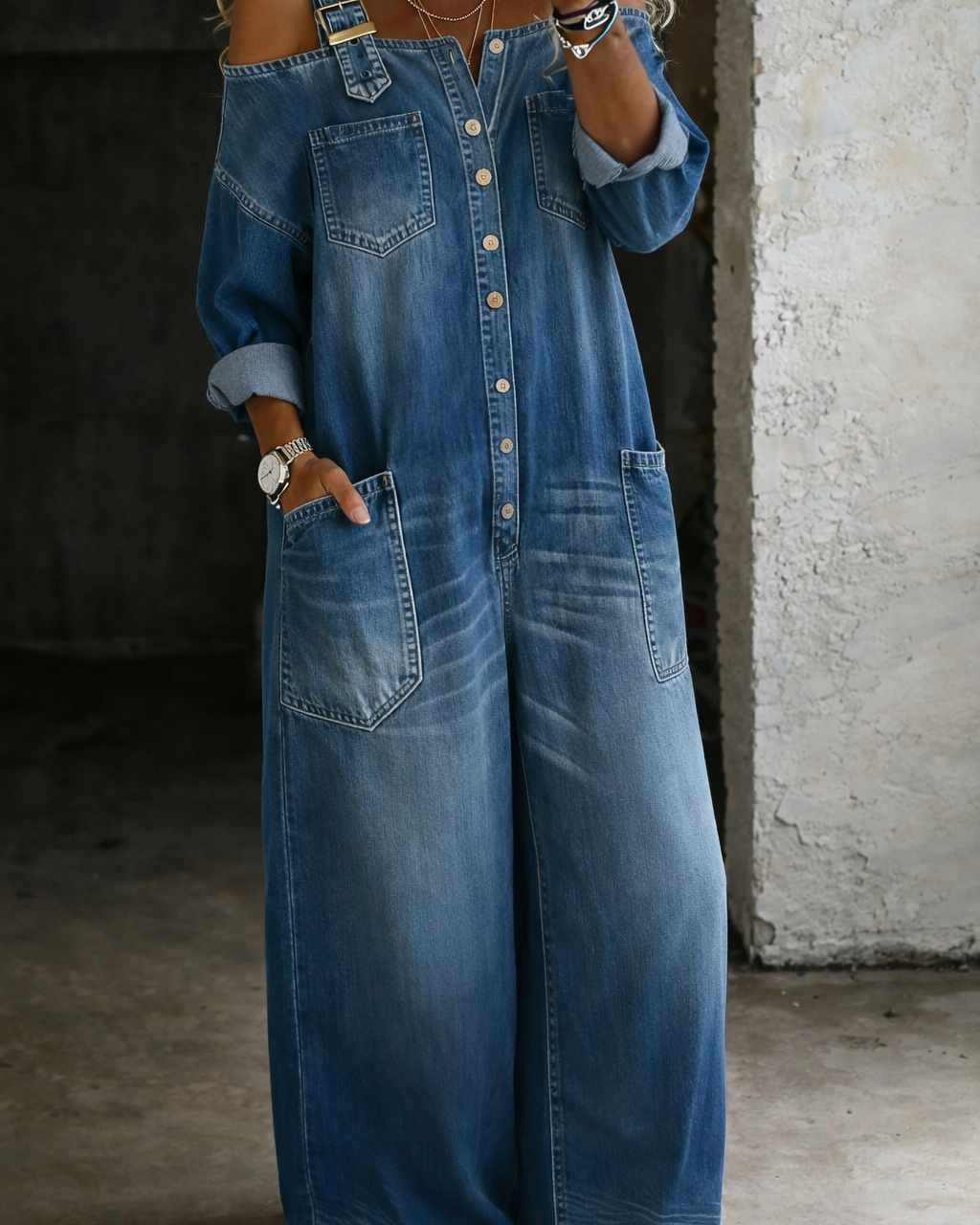 Stephanie | Carmen-Jeanshemd-Jumpsuit - Mehrfarbig - - Denim Collection