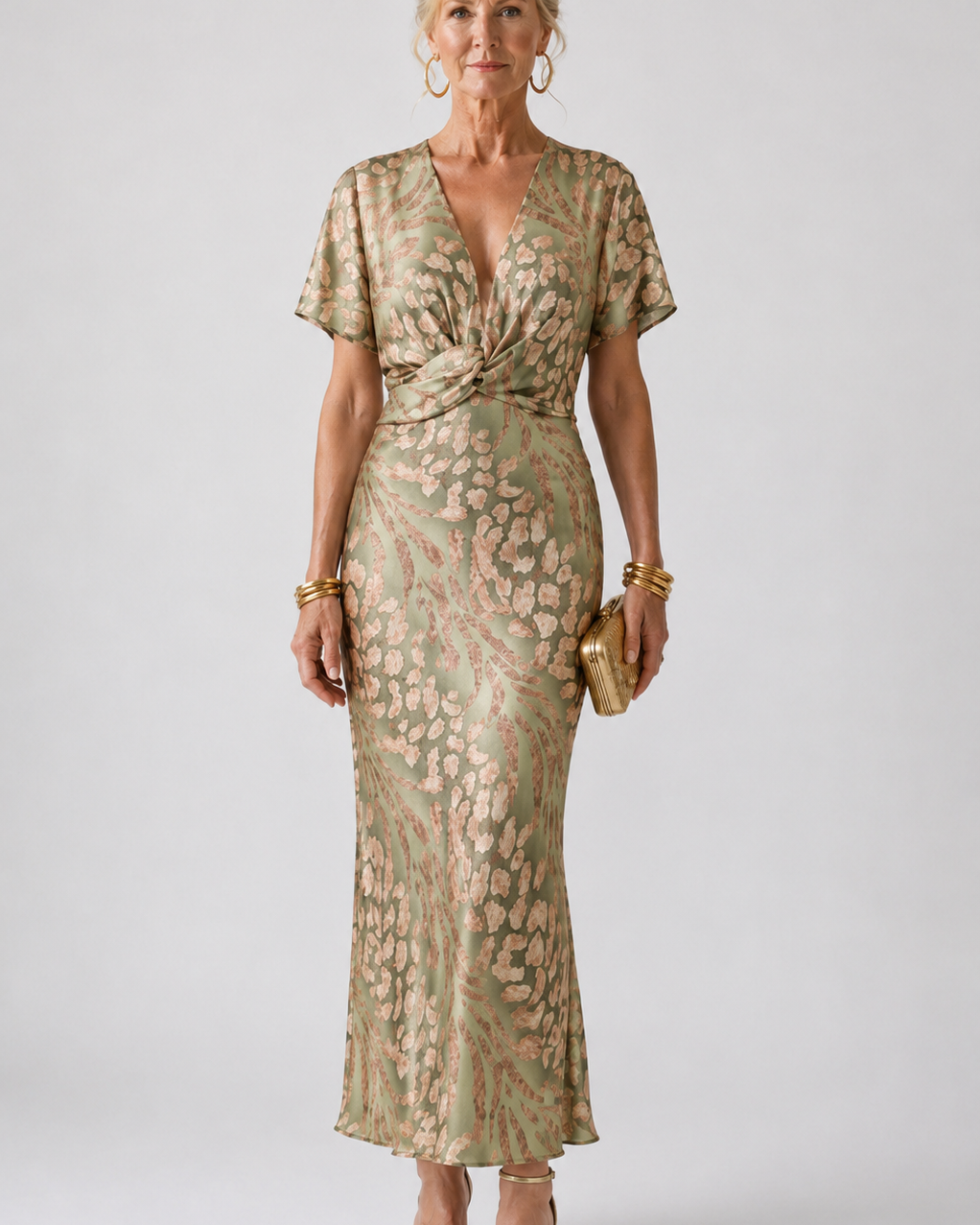 Abstraktes Print-Midikleid mit V-Ausschnitt und verdrehter Taille - - - DUUWE