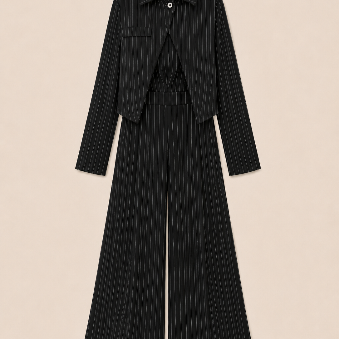 Damen Gestreifter Jumpsuit mit Passender Kurzer Jacke – 2-teiliges Set