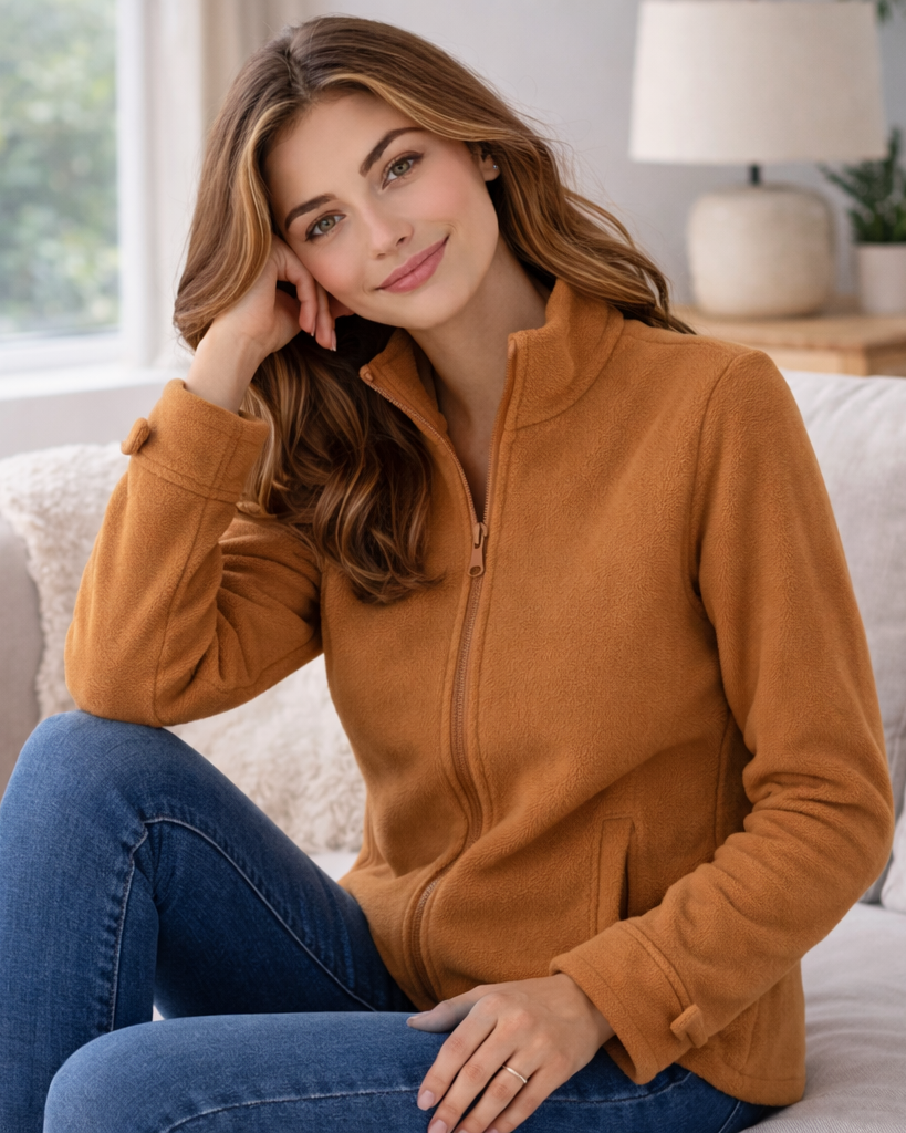 Damen Jacke mit Stehkragen, durchgehendem Reißverschluss und weichem Material