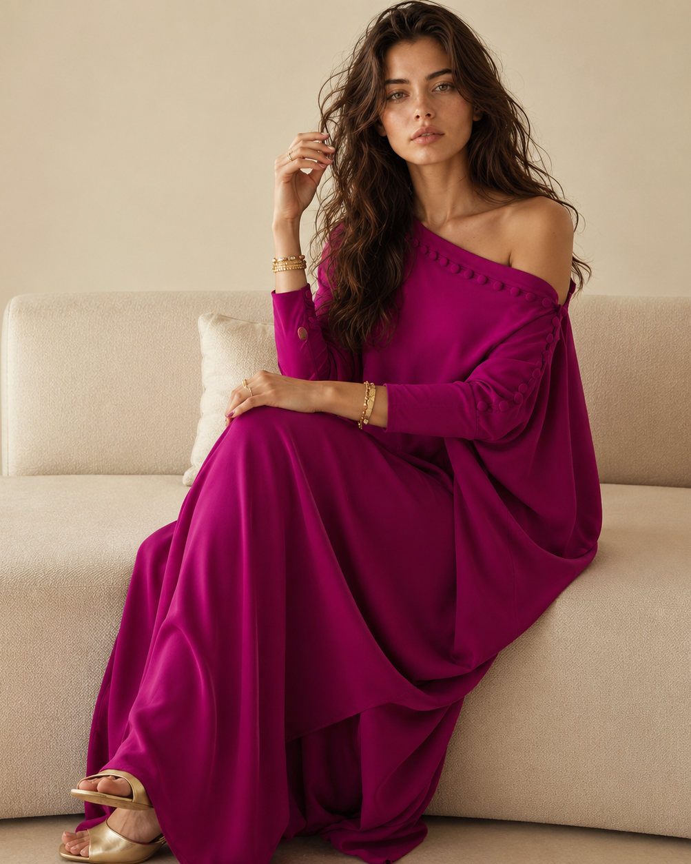 Damen Maxikleid mit lockerer Passform und Knopfdetails - ROSAROT - Maxi Dress - Concept Fashionlab