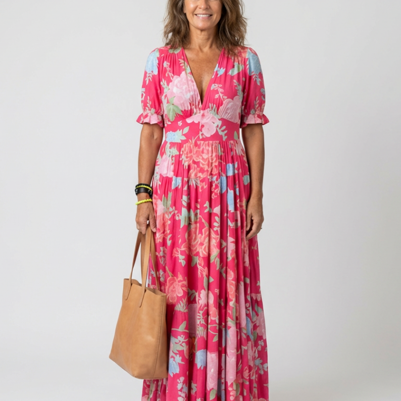 Ione | Kurzarm-Midikleid mit Blumenmuster und V-Ausschnitt