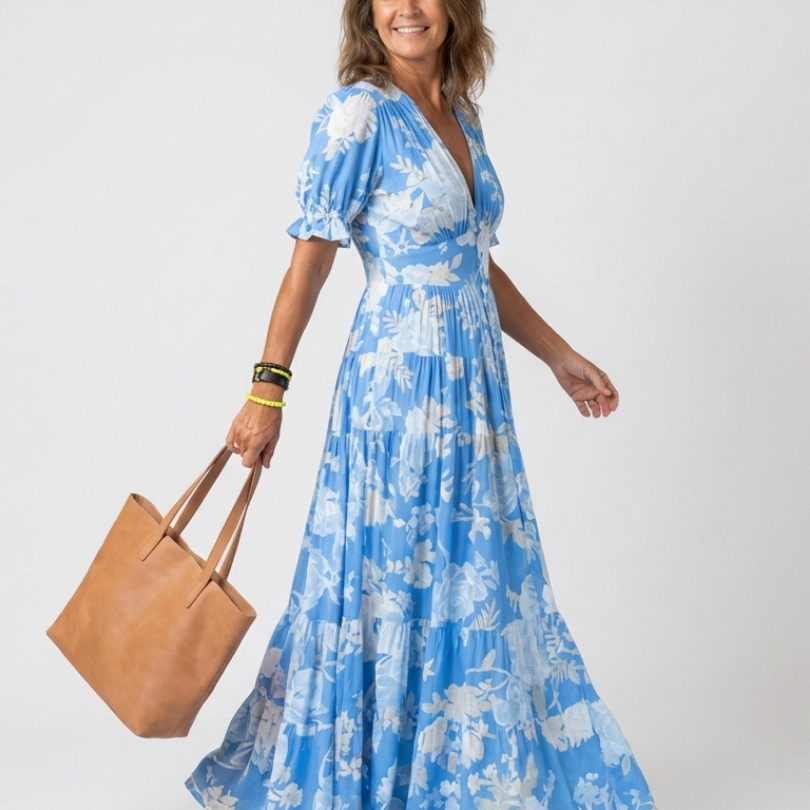 Ione | Kurzarm-Midikleid mit Blumenmuster und V-Ausschnitt
