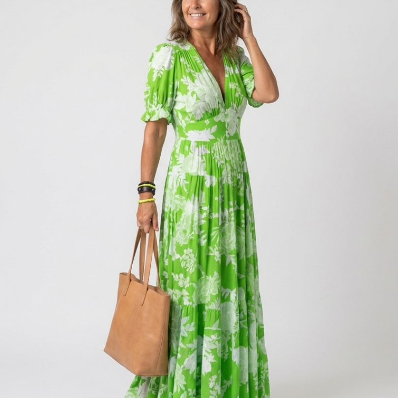 Ione | Kurzarm-Midikleid mit Blumenmuster und V-Ausschnitt