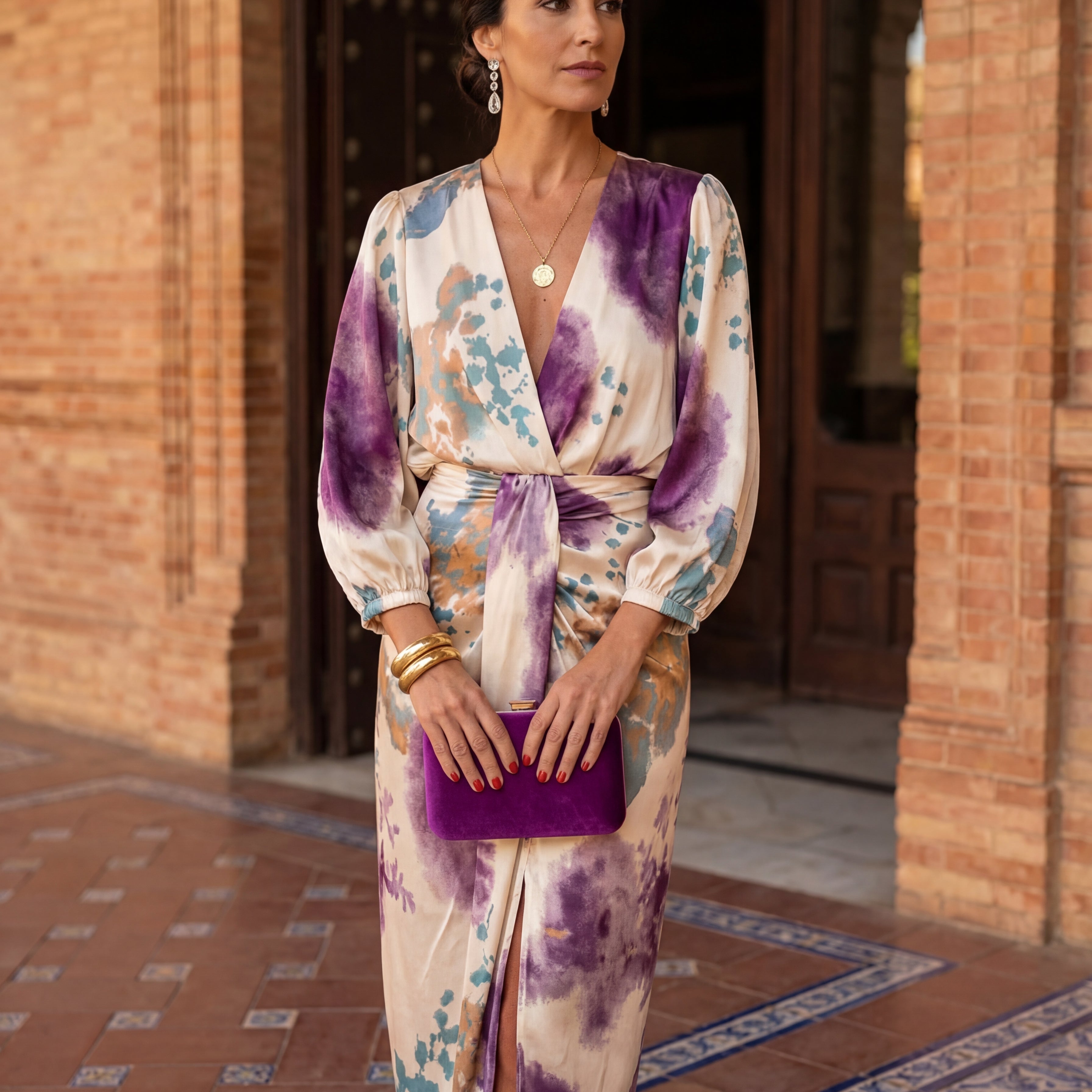 Valeria – Elegantes Kleid mit V-Ausschnitt - Violette Seide - - DUUWE