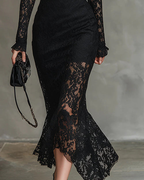 Schickes Hochkragen-Spitzen-Maxikleid - - Maxi Dress - Concept Fashionlab