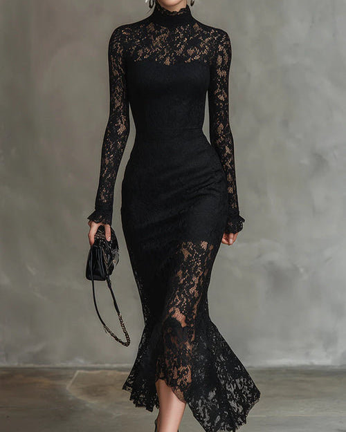 Schickes Hochkragen-Spitzen-Maxikleid - 3XL - Maxi Dress - Concept Fashionlab