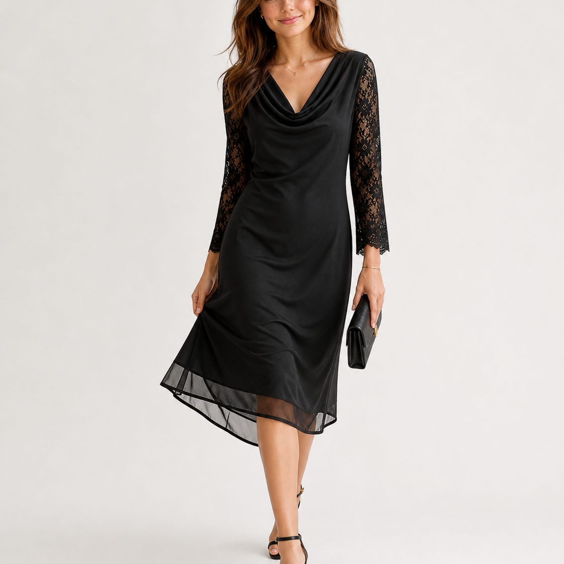 Elegantes Damenkleid mit Wasserfallausschnitt und Spitzenärmeln – Polyester, knielang