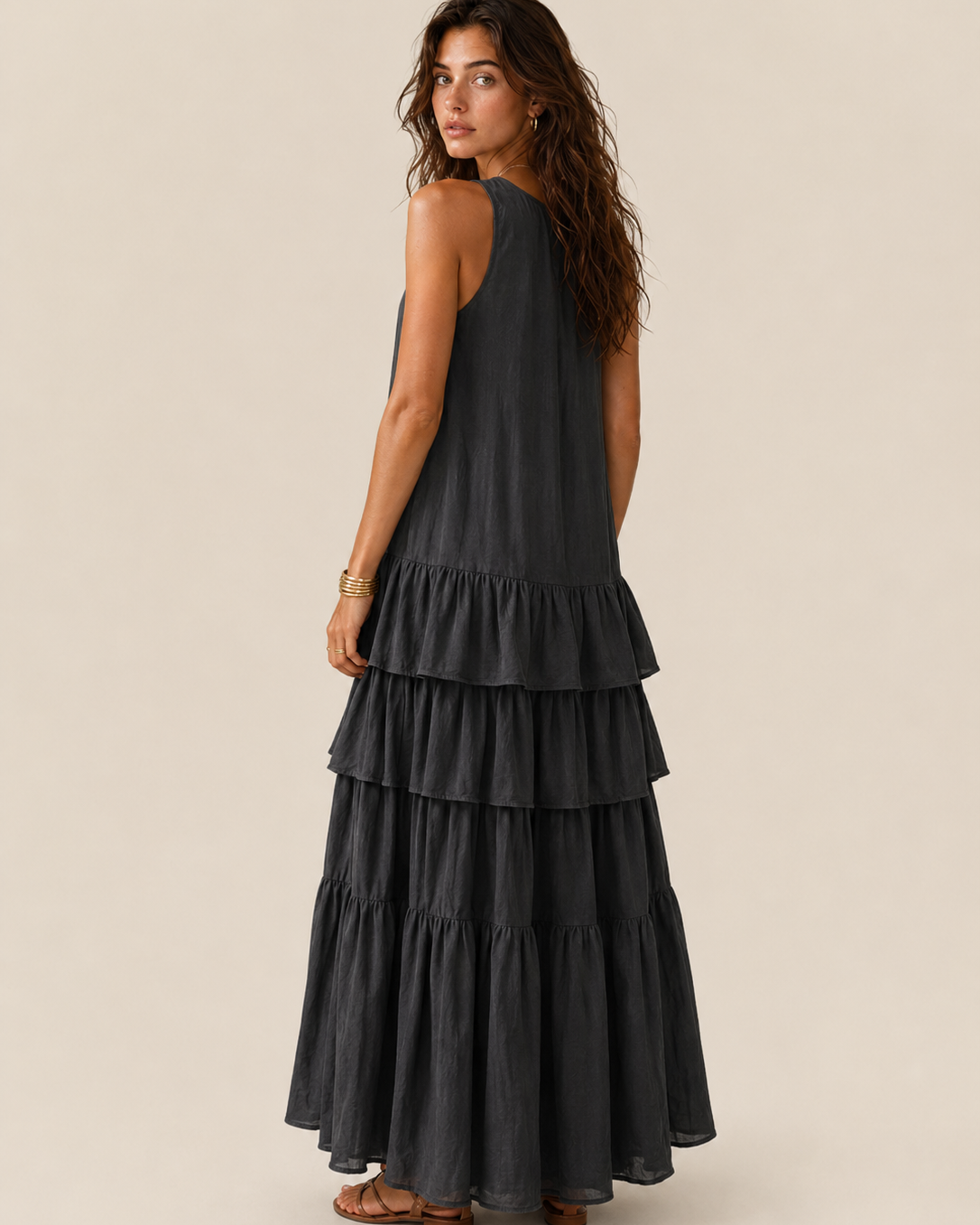 Elegantes graues romantisches mehrlagiges Langkleid mit Rüschen - - Dress - Concept Fashionlab