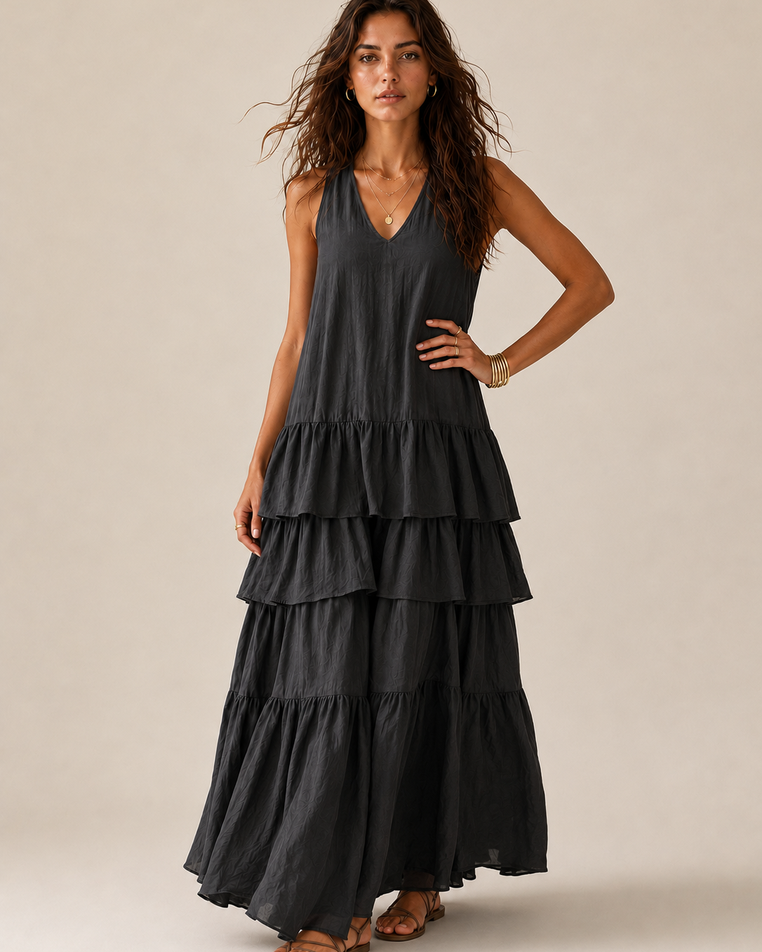 Elegantes graues romantisches mehrlagiges Langkleid mit Rüschen - - Dress - Concept Fashionlab