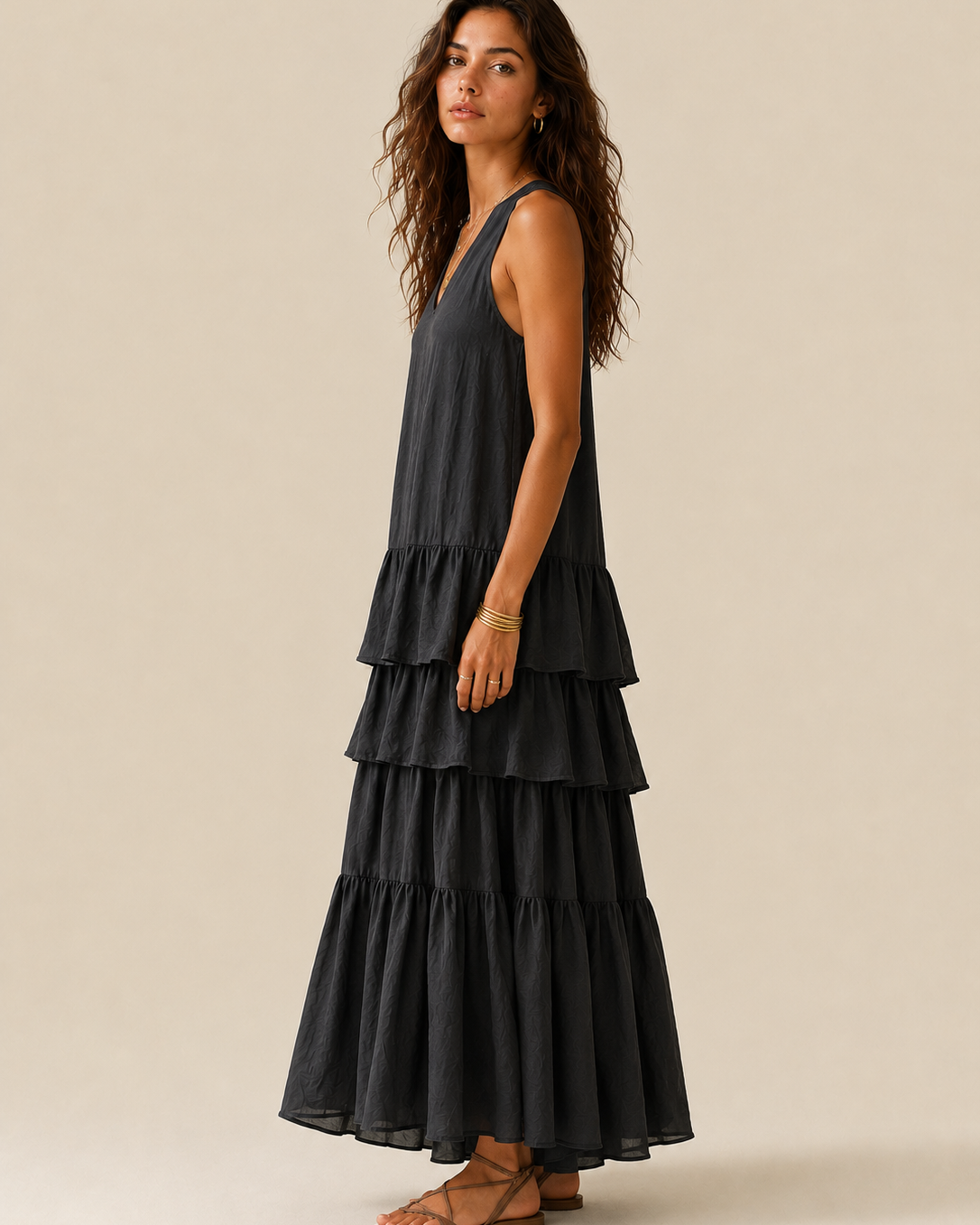 Elegantes graues romantisches mehrlagiges Langkleid mit Rüschen - - Dress - Concept Fashionlab
