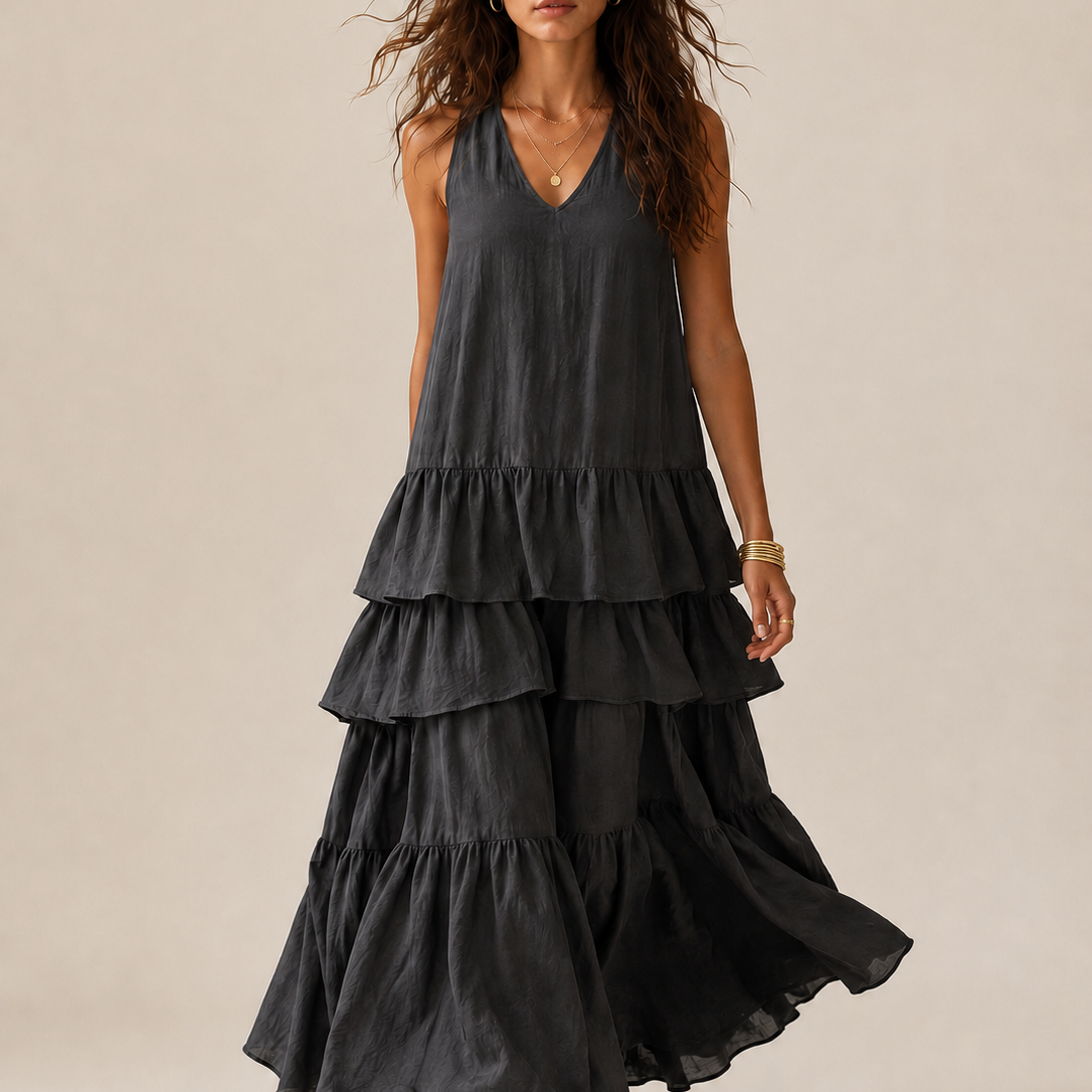 Elegantes graues romantisches mehrlagiges Langkleid mit Rüschen - grau - Dress - Concept Fashionlab