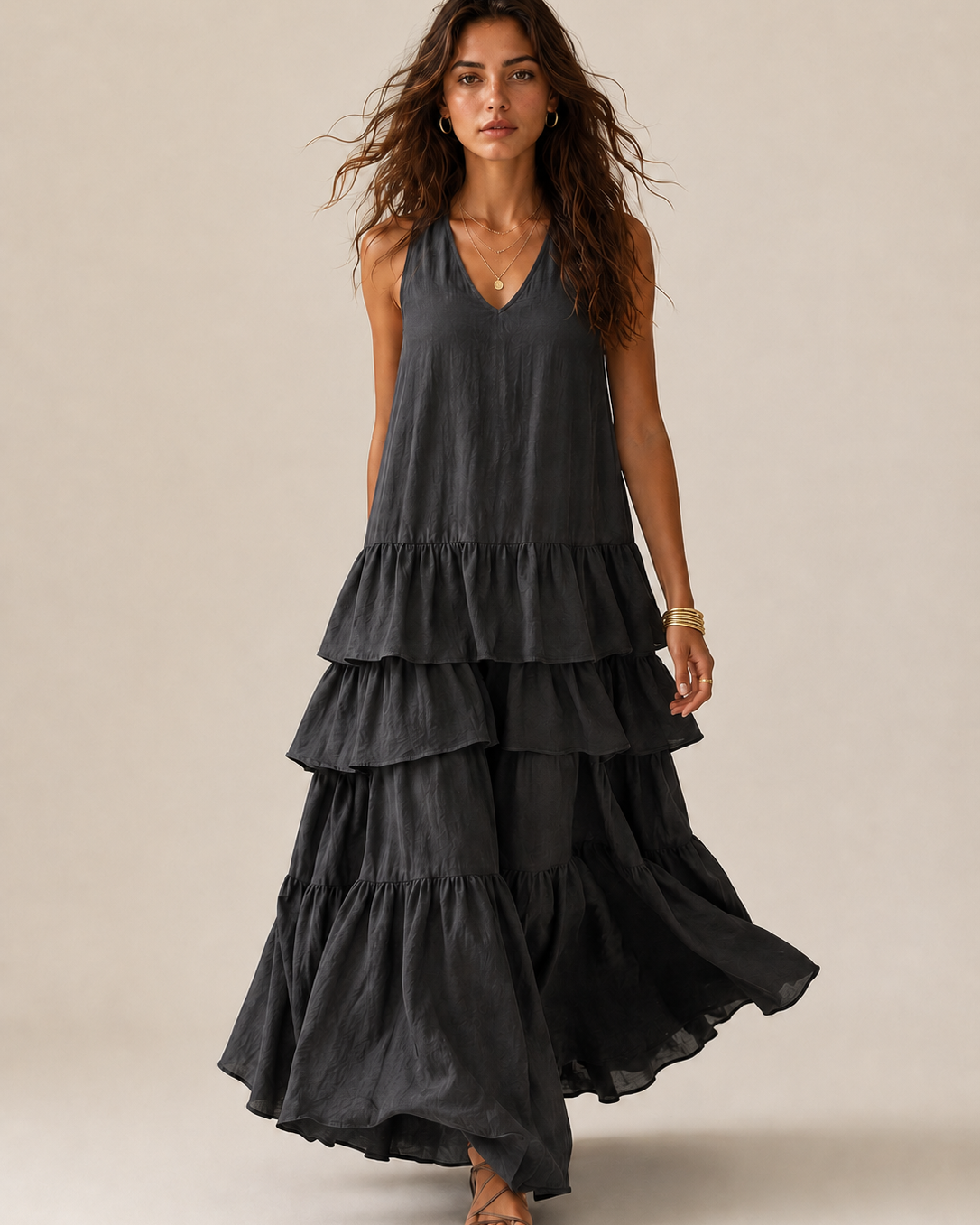 Elegantes graues romantisches mehrlagiges Langkleid mit Rüschen - grau - Dress - Concept Fashionlab