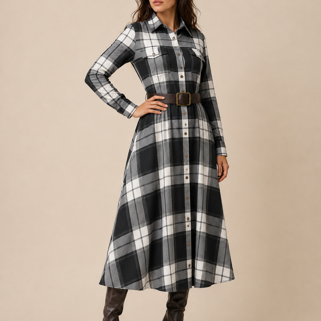 Elegantes zeitloses kariertes Maxikleid - Schwarz - Plaid Maxi Dress - Concept Fashionlab Boutique
