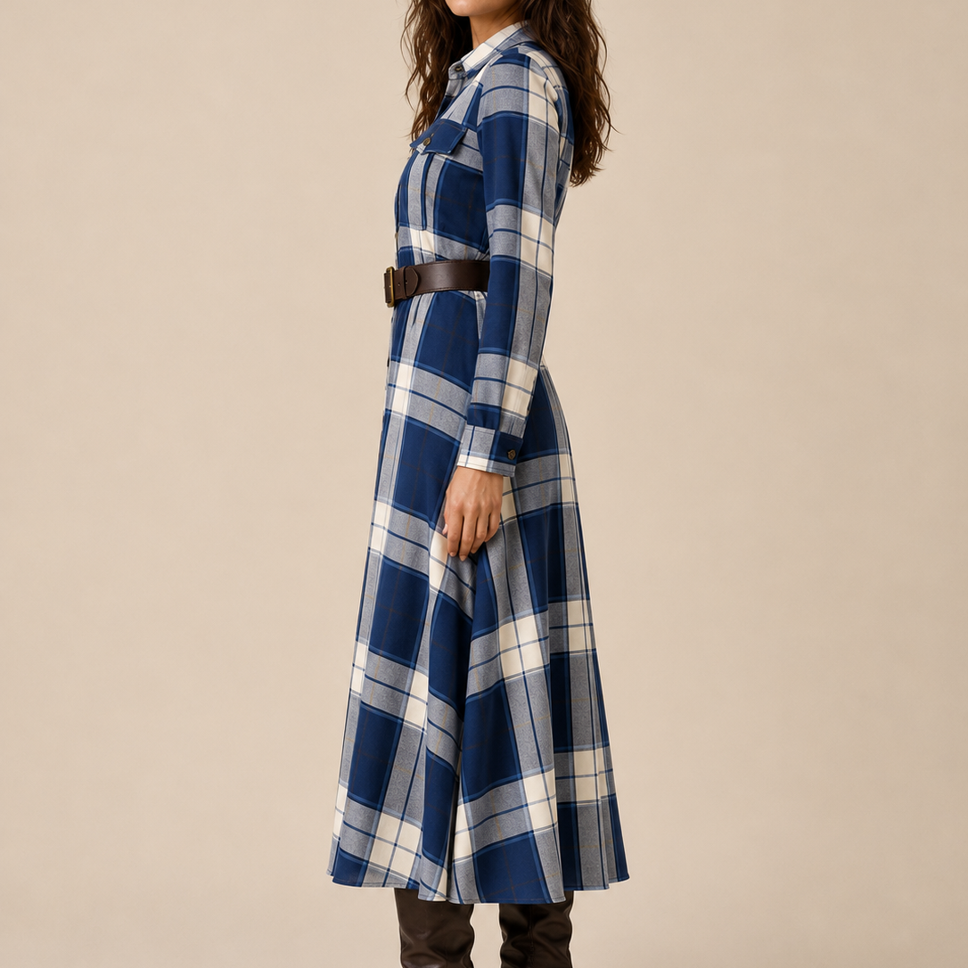 Elegantes zeitloses kariertes Maxikleid - Blau - Plaid Maxi Dress - Concept Fashionlab Boutique