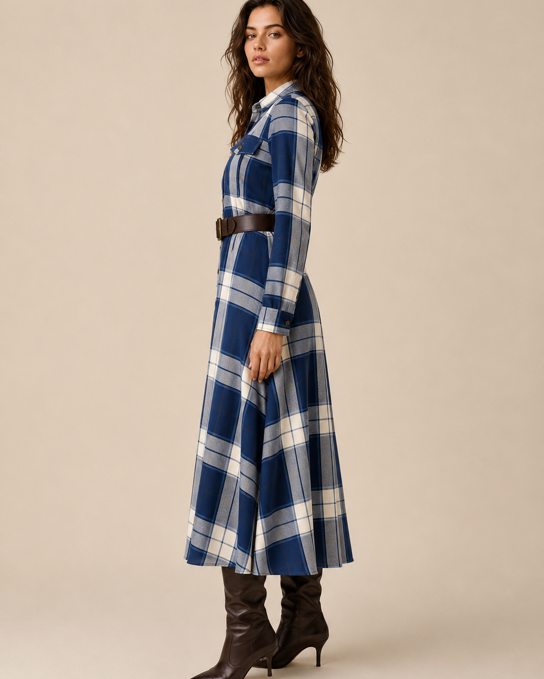 Elegantes zeitloses kariertes Maxikleid - Blau - Plaid Maxi Dress - Concept Fashionlab Boutique