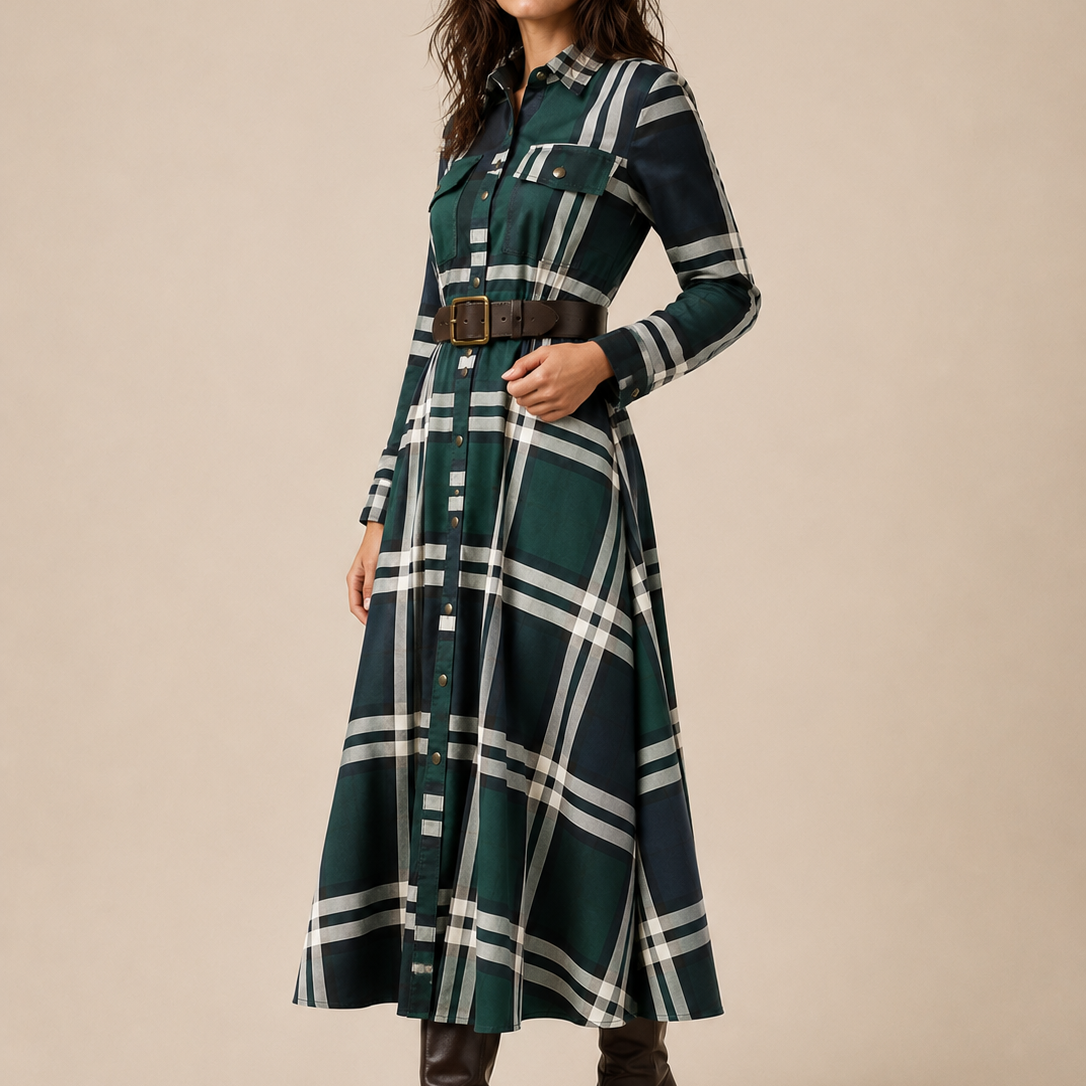 Elegantes zeitloses kariertes Maxikleid - Grün - Plaid Maxi Dress - Concept Fashionlab Boutique