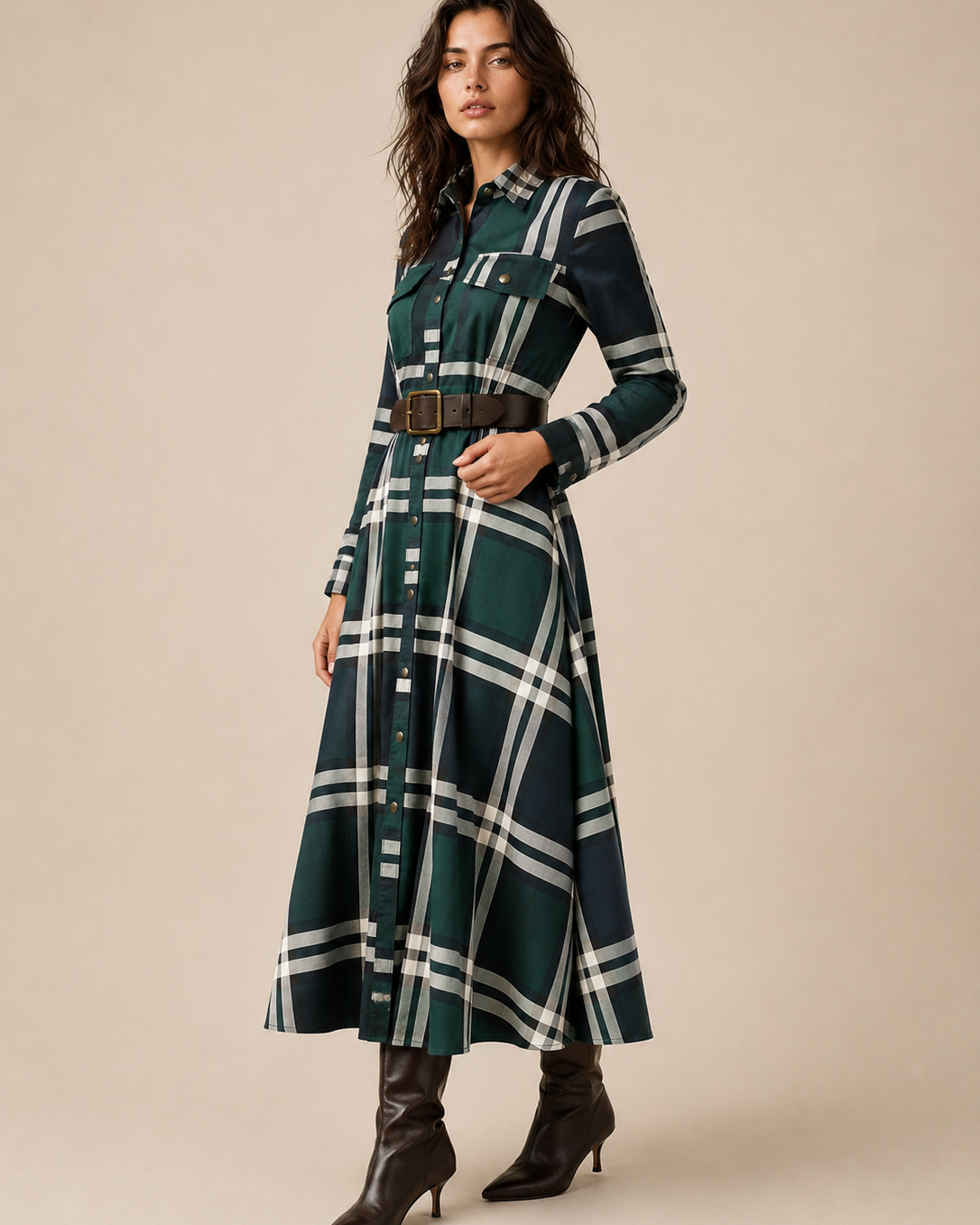 Elegantes zeitloses kariertes Maxikleid - Grün - Plaid Maxi Dress - Concept Fashionlab Boutique