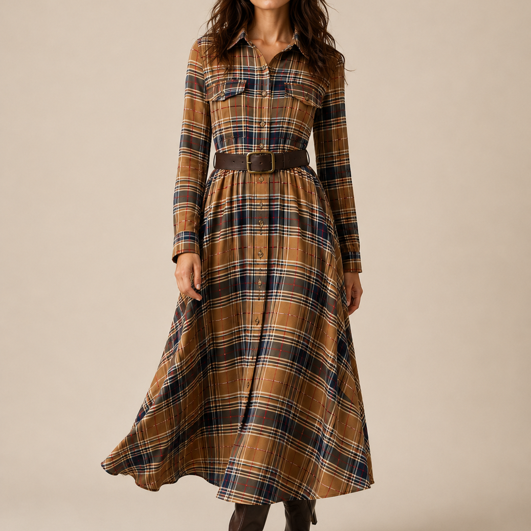 Elegantes zeitloses kariertes Maxikleid - Braun - Plaid Maxi Dress - Concept Fashionlab Boutique