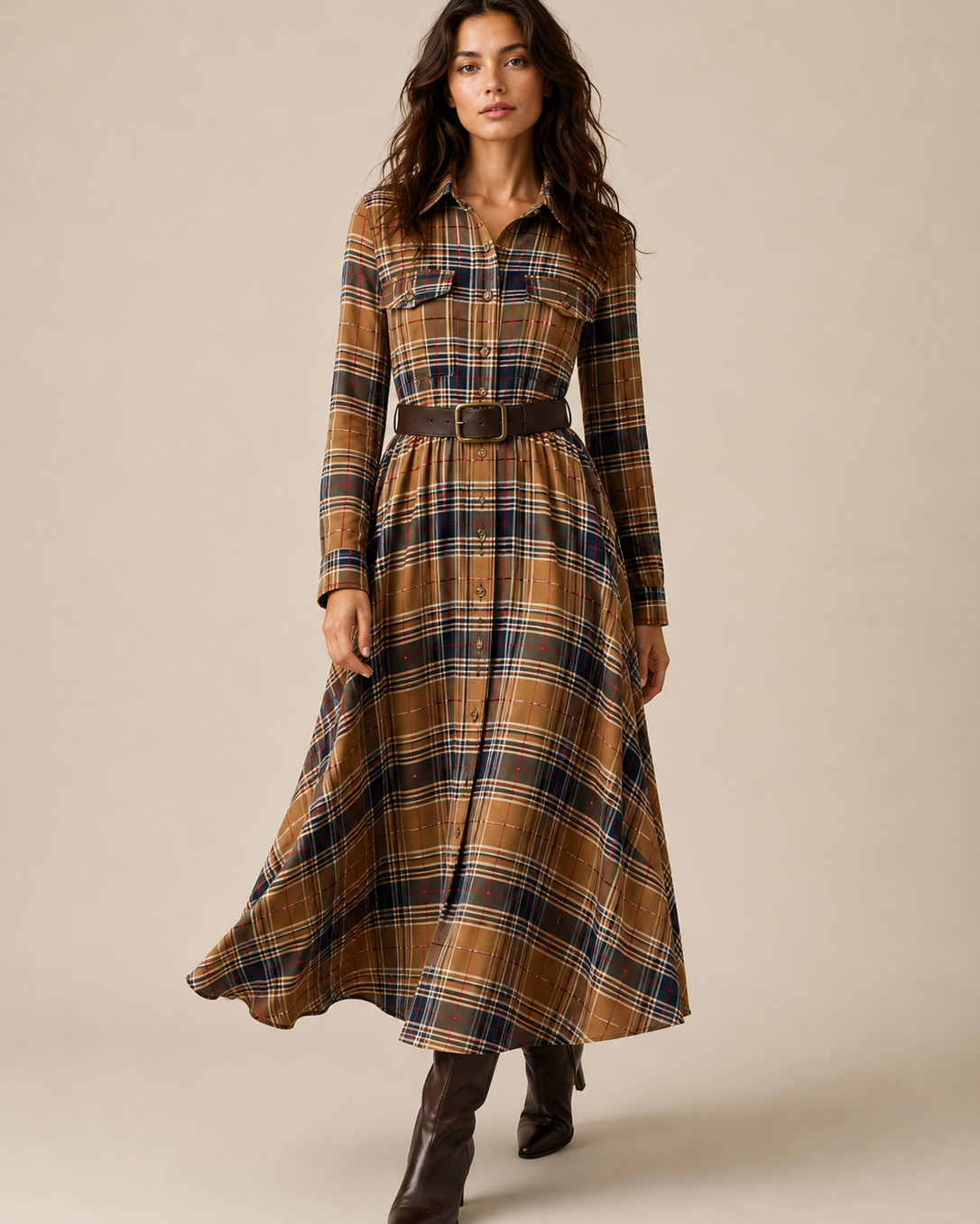 Elegantes zeitloses kariertes Maxikleid - Braun - Plaid Maxi Dress - Concept Fashionlab Boutique