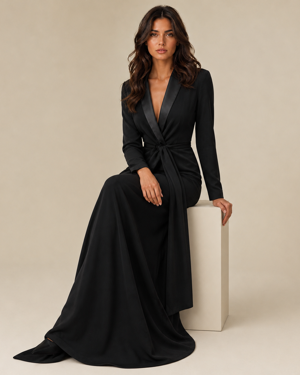Eng anliegende, einfarbige Langarm-Maxikleider mit tiefem V-Ausschnitt - - Maxi Dress - Concept Fashionlab