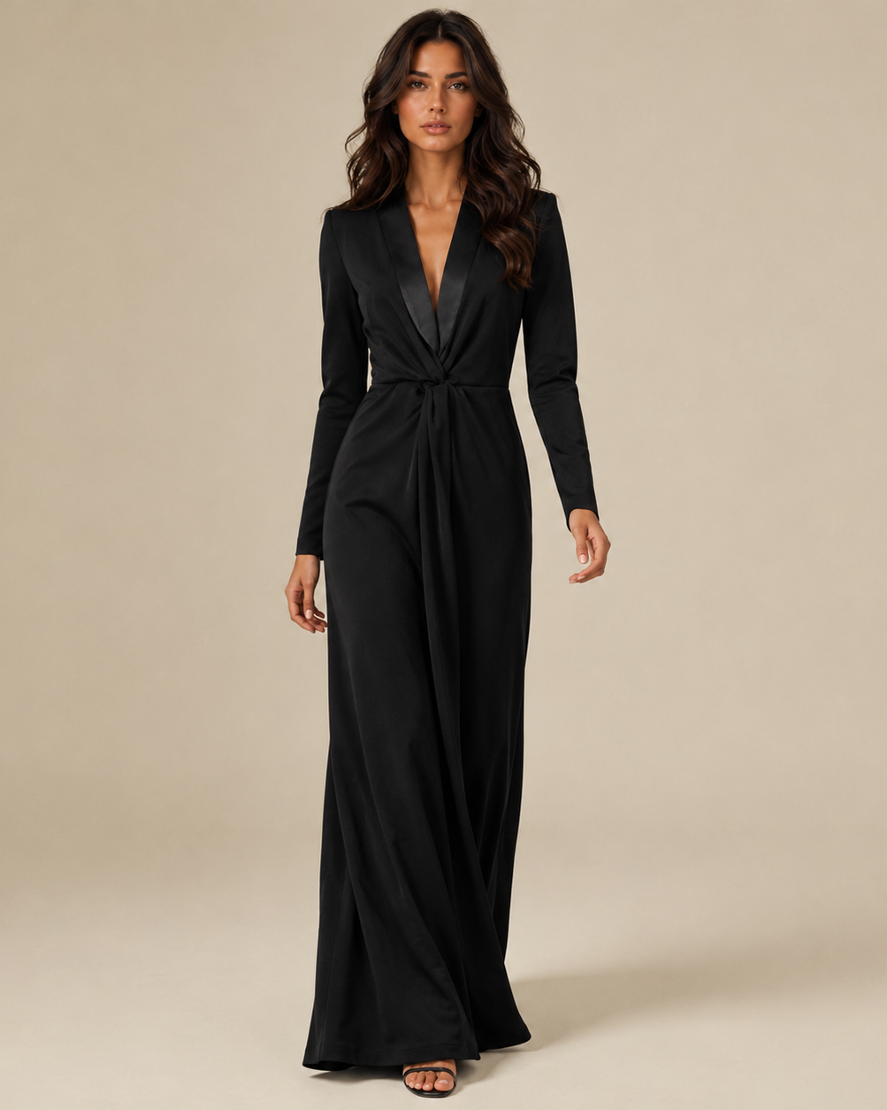 Eng anliegende, einfarbige Langarm-Maxikleider mit tiefem V-Ausschnitt - - Maxi Dress - Concept Fashionlab
