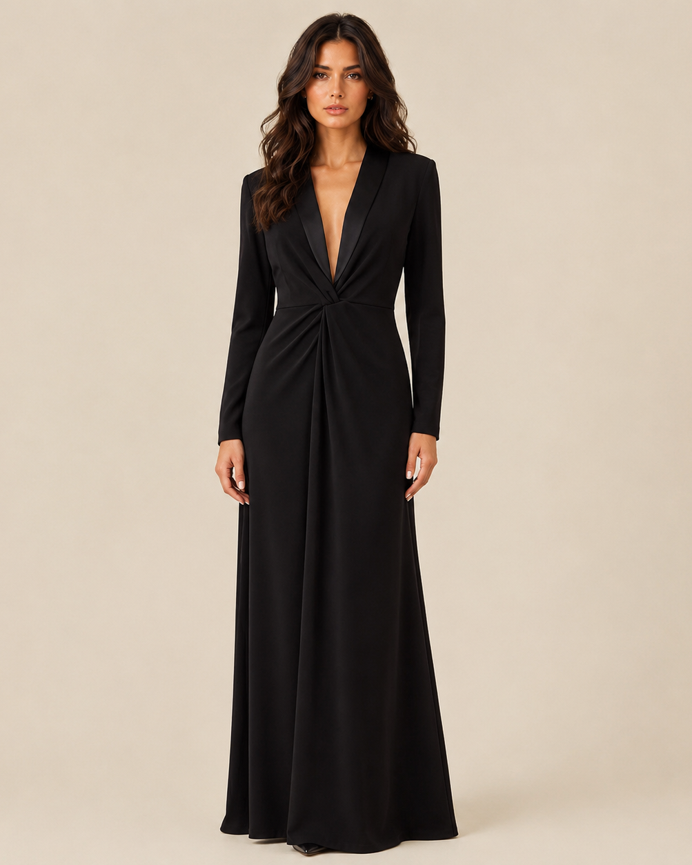 Eng anliegende, einfarbige Langarm-Maxikleider mit tiefem V-Ausschnitt - SCHWARZ - Maxi Dress - Concept Fashionlab
