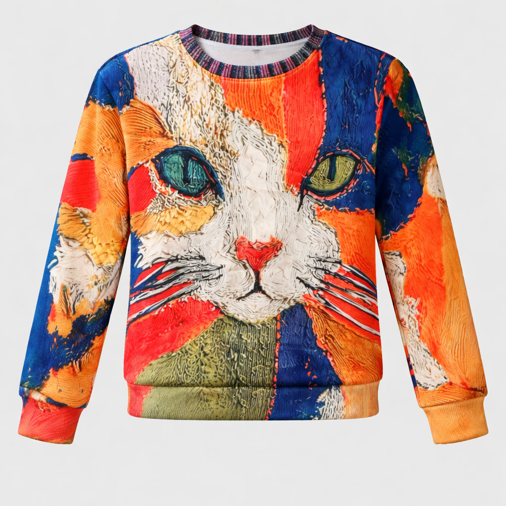 Mutiges Künstlerisches Katzen-Print-Statement-Top Damen