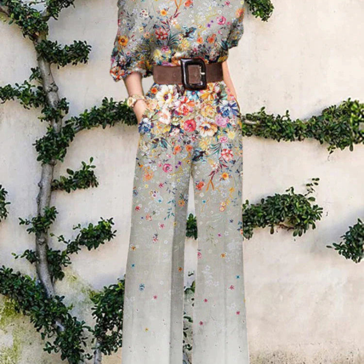Nova - künstlerischer Jumpsuit - Beige mit Blüten-Verlauf - Jumpsuit - Concept Fashionlab Boutique