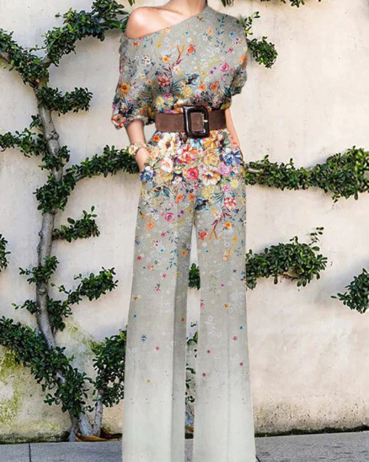 Nova - künstlerischer Jumpsuit - Beige mit Blüten-Verlauf - Jumpsuit - Concept Fashionlab Boutique