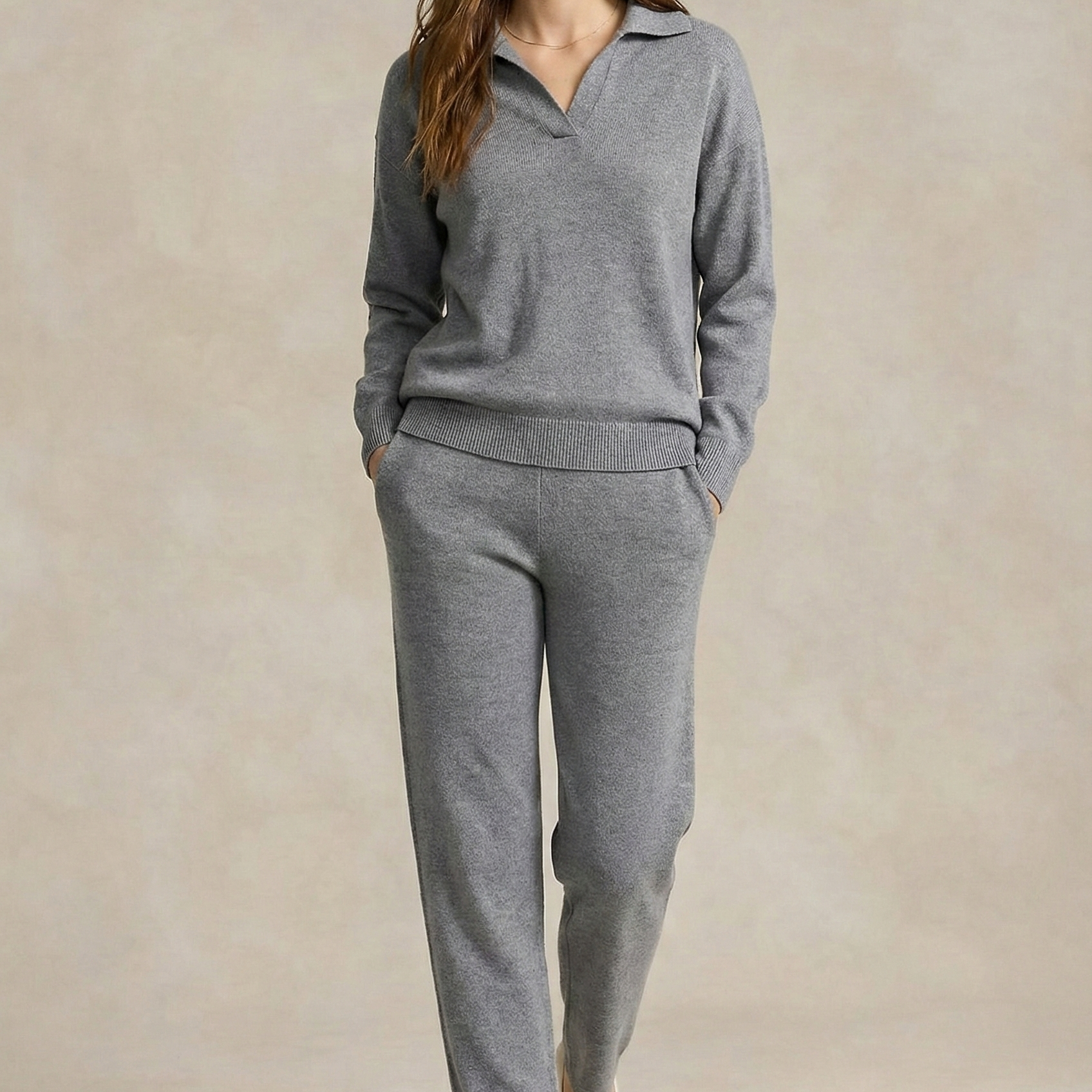 Polo-Strick-Set – müheloser Stil, ganztägiger Komfort - Grau - Two-Piece Set - Concept Fashionlab