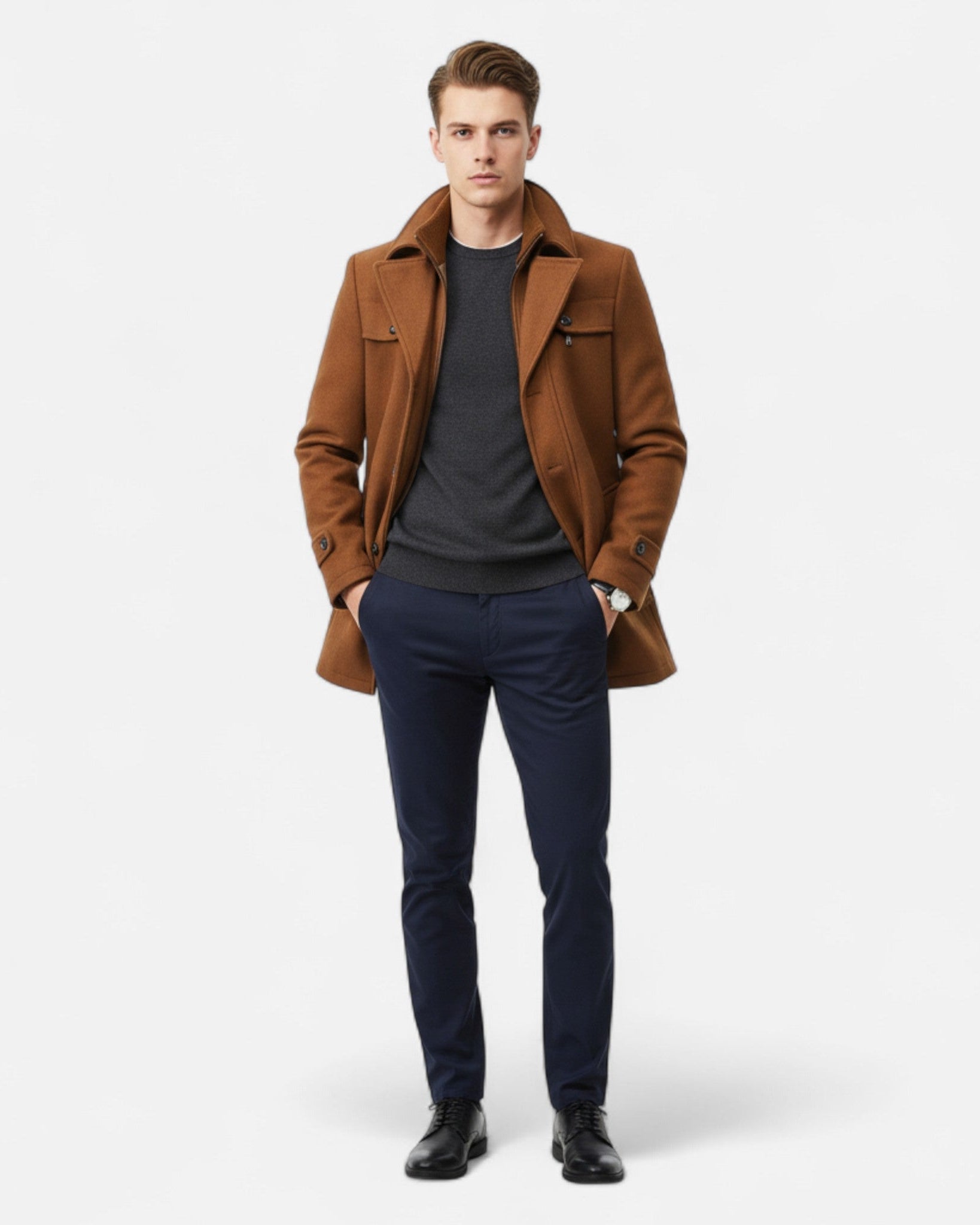 Eleganter Herren Woll-Trenchcoat – Doppelkragen & Reißverschluss - - Men > Coats - Ancienne Monde