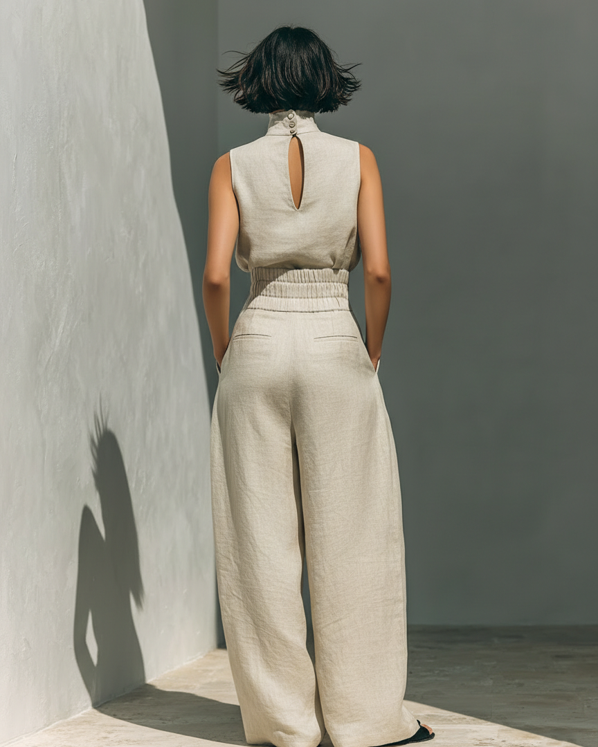 Maria™ | Komplettset mit Tanktop und weiter Baumwoll-Leinenhose - - - Cow Clothing