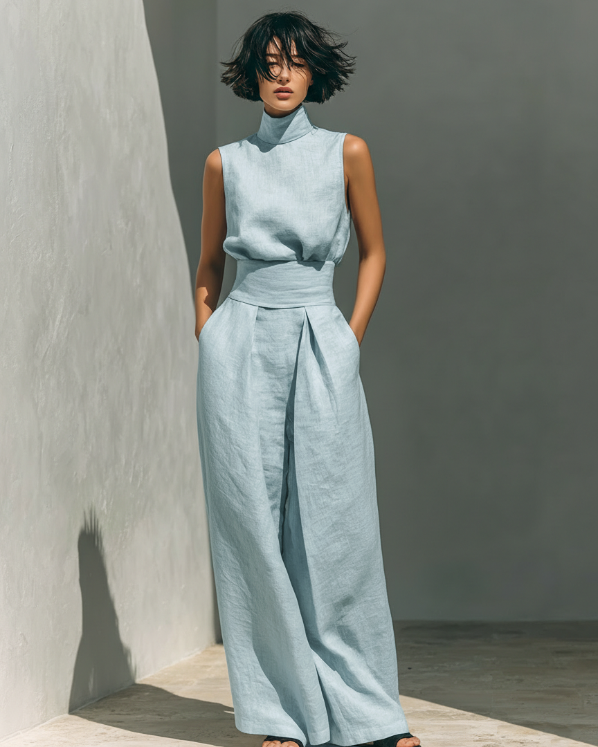 Maria™ | Komplettset mit Tanktop und weiter Baumwoll-Leinenhose - Hellblau - - Cow Clothing