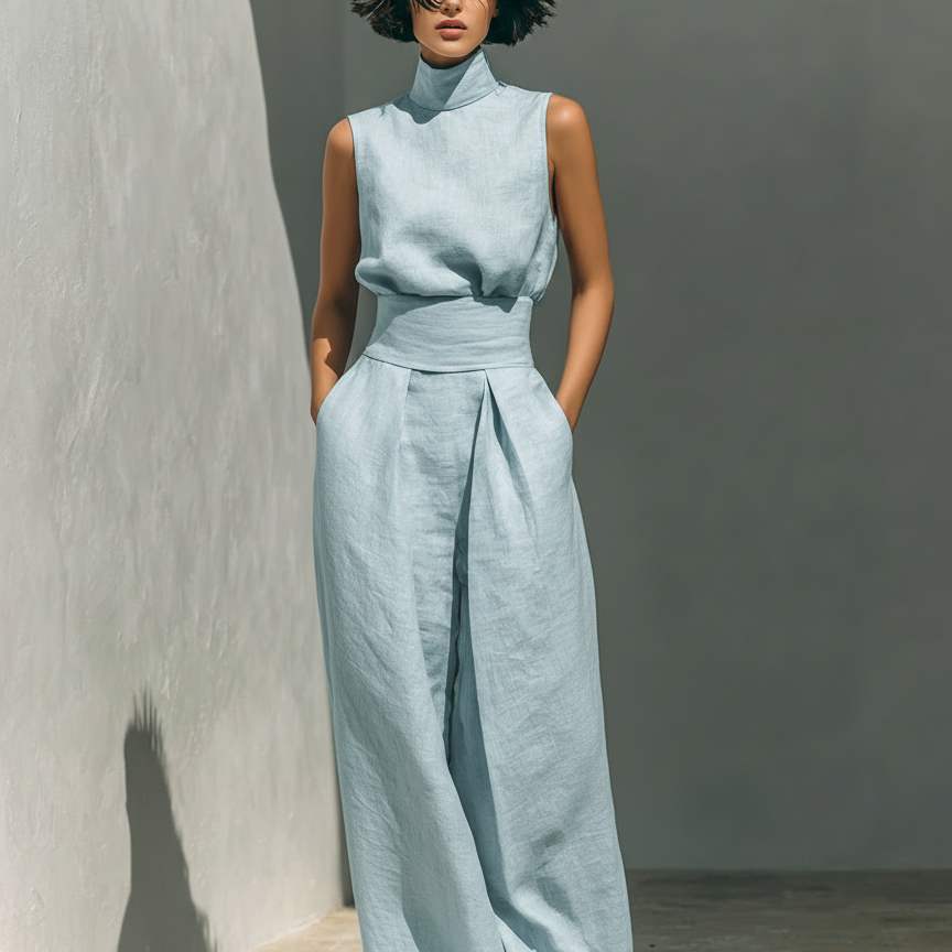 Maria™ | Komplettset mit Tanktop und weiter Baumwoll-Leinenhose - Hellblau - - Cow Clothing