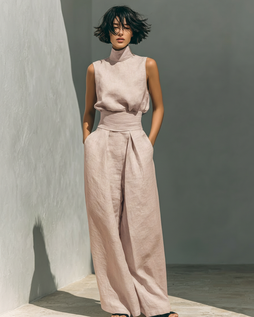Maria™ | Komplettset mit Tanktop und weiter Baumwoll-Leinenhose - Hellrosa - - Cow Clothing