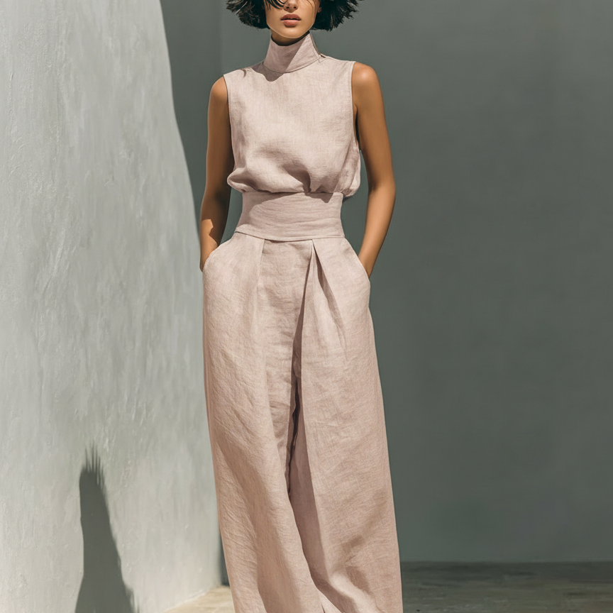 Maria™ | Komplettset mit Tanktop und weiter Baumwoll-Leinenhose - Hellrosa - - Cow Clothing
