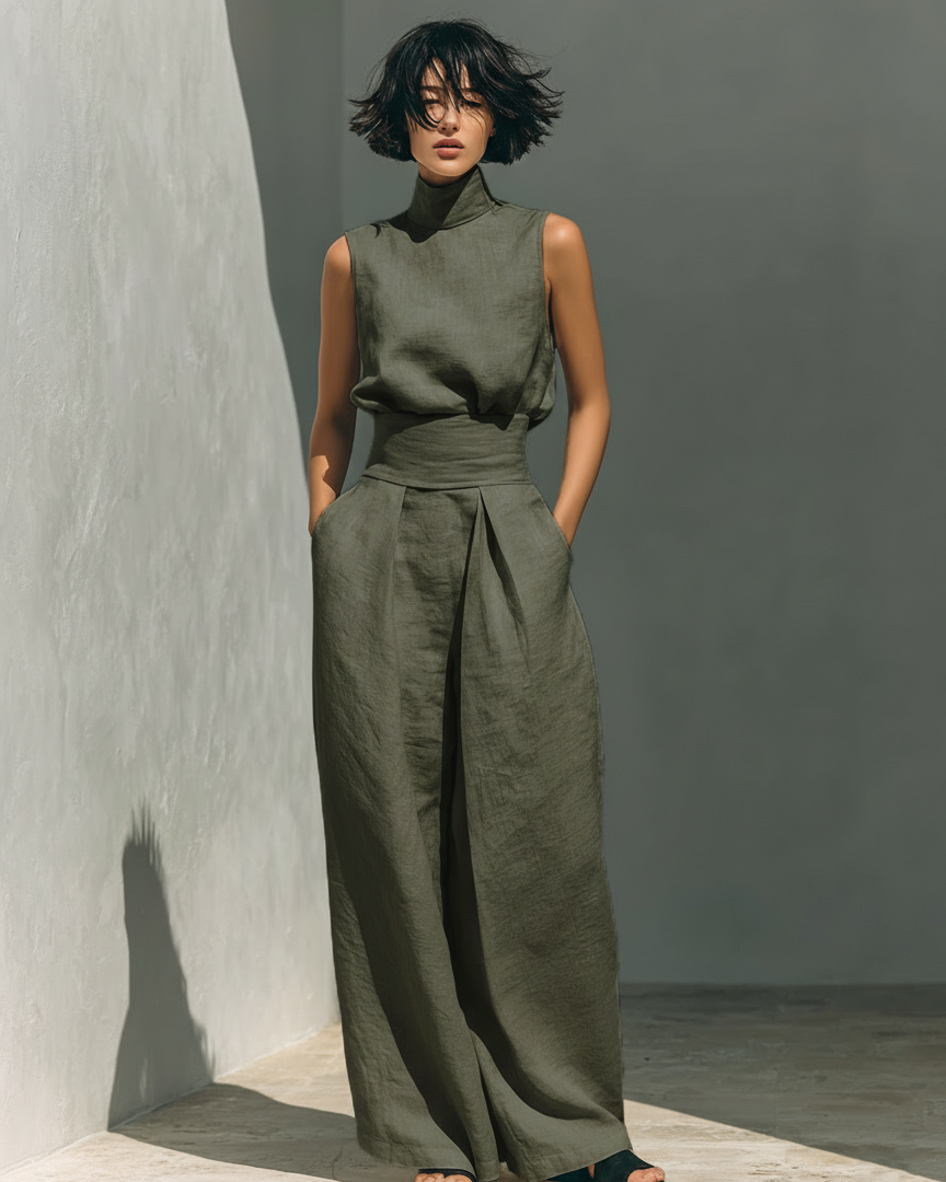 Maria™ | Komplettset mit Tanktop und weiter Baumwoll-Leinenhose - Militärgrün - - Cow Clothing