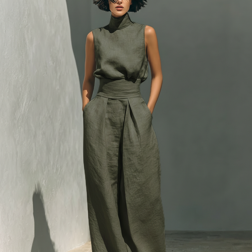 Maria™ | Komplettset mit Tanktop und weiter Baumwoll-Leinenhose - Militärgrün - - Cow Clothing