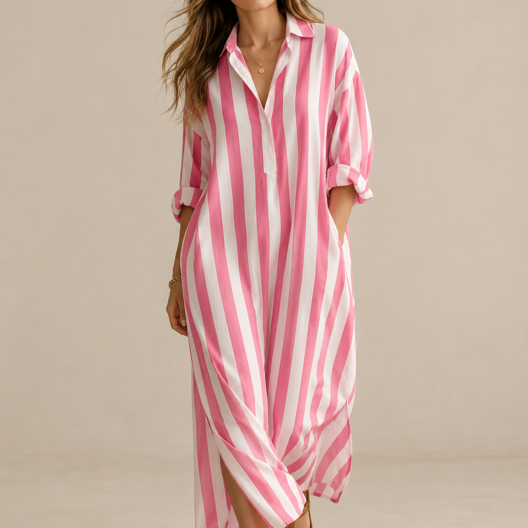 Lässiges gestreiftes Shirt Boho-Stil Maxi-Kleid - Rosa - Shirt - Concept Fashionlab