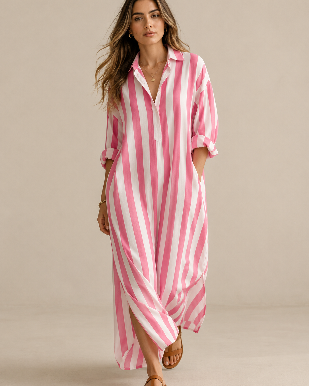 Lässiges gestreiftes Shirt Boho-Stil Maxi-Kleid - Rosa - Shirt - Concept Fashionlab