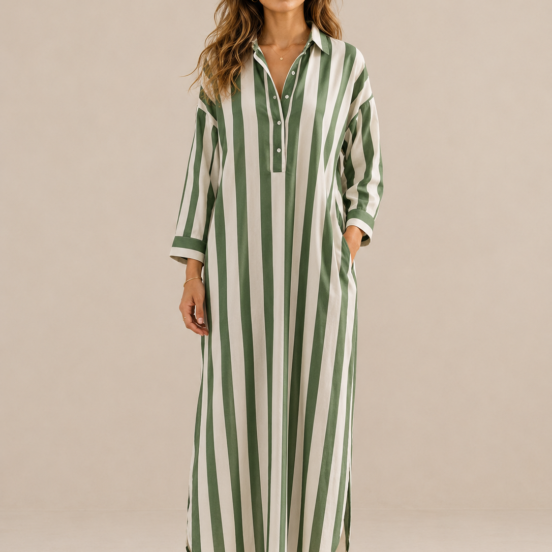 Lässiges gestreiftes Shirt Boho-Stil Maxi-Kleid - Grün - Shirt - Concept Fashionlab