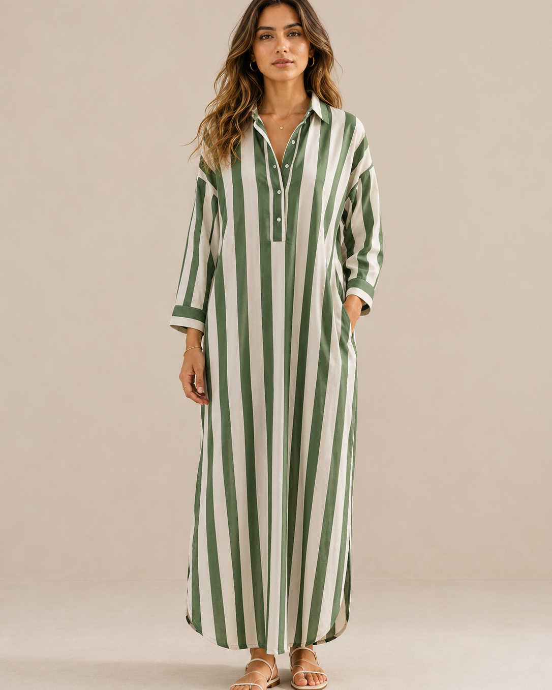 Lässiges gestreiftes Shirt Boho-Stil Maxi-Kleid - Grün - Shirt - Concept Fashionlab