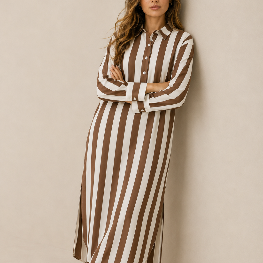 Lässiges gestreiftes Shirt Boho-Stil Maxi-Kleid - Braun - Shirt - Concept Fashionlab