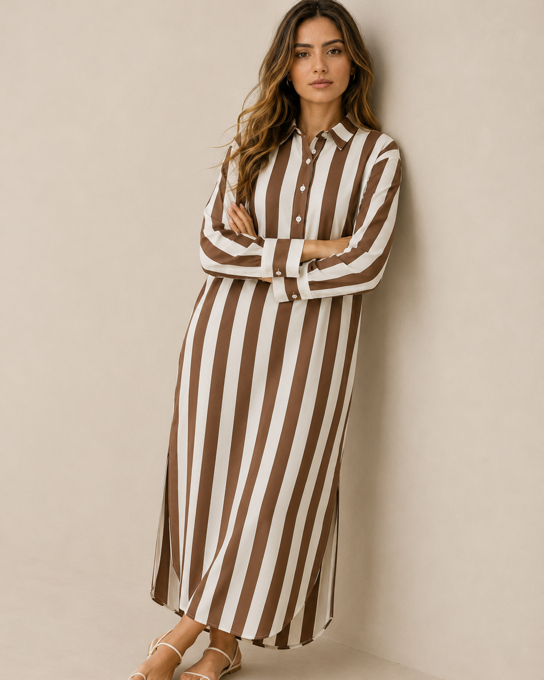 Lässiges gestreiftes Shirt Boho-Stil Maxi-Kleid - Braun - Shirt - Concept Fashionlab
