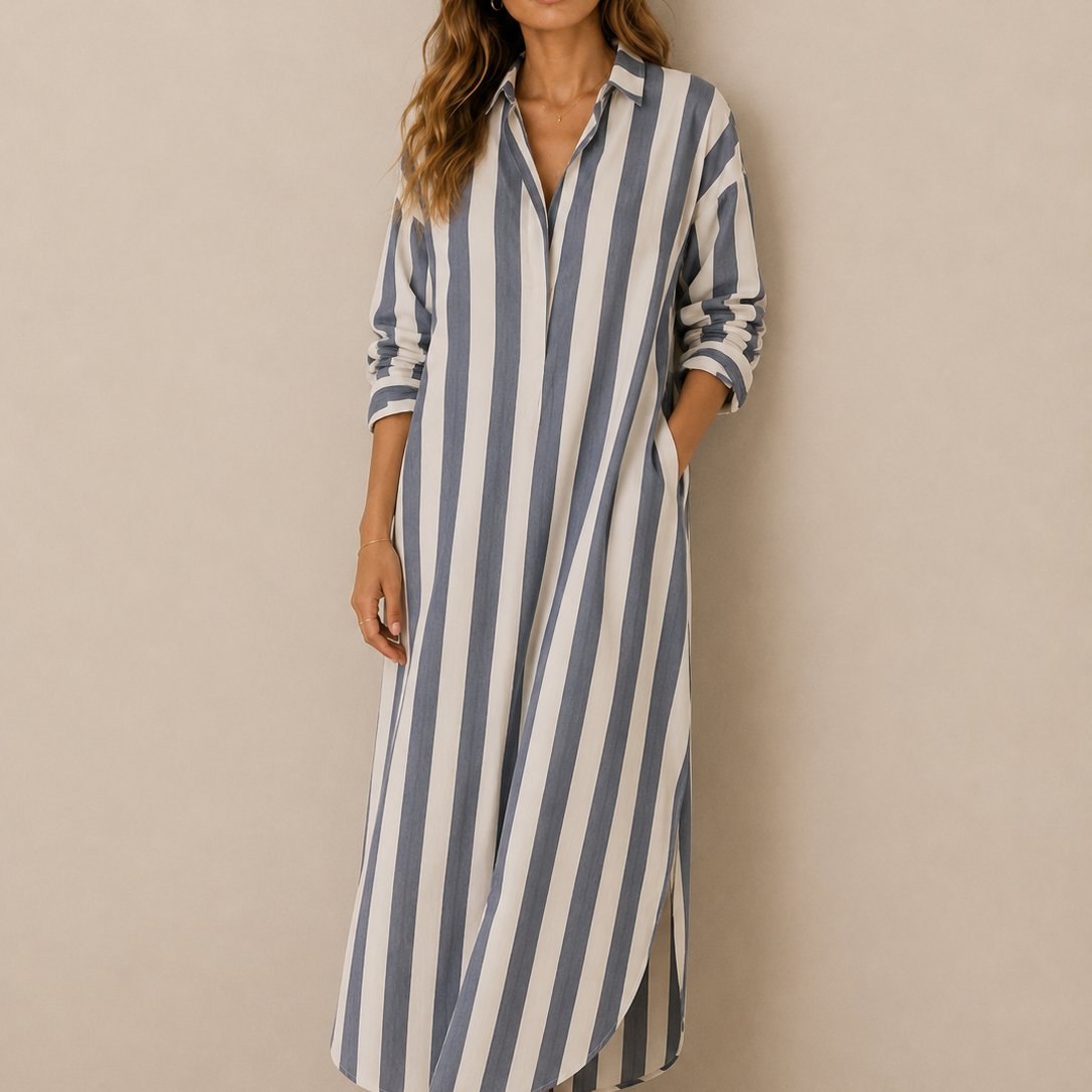 Lässiges gestreiftes Shirt Boho-Stil Maxi-Kleid - Elfenbein - Shirt - Concept Fashionlab