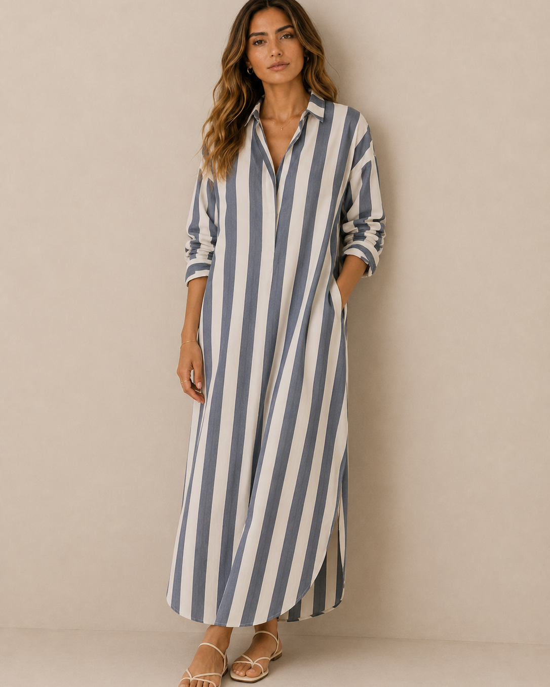 Lässiges gestreiftes Shirt Boho-Stil Maxi-Kleid - Elfenbein - Shirt - Concept Fashionlab