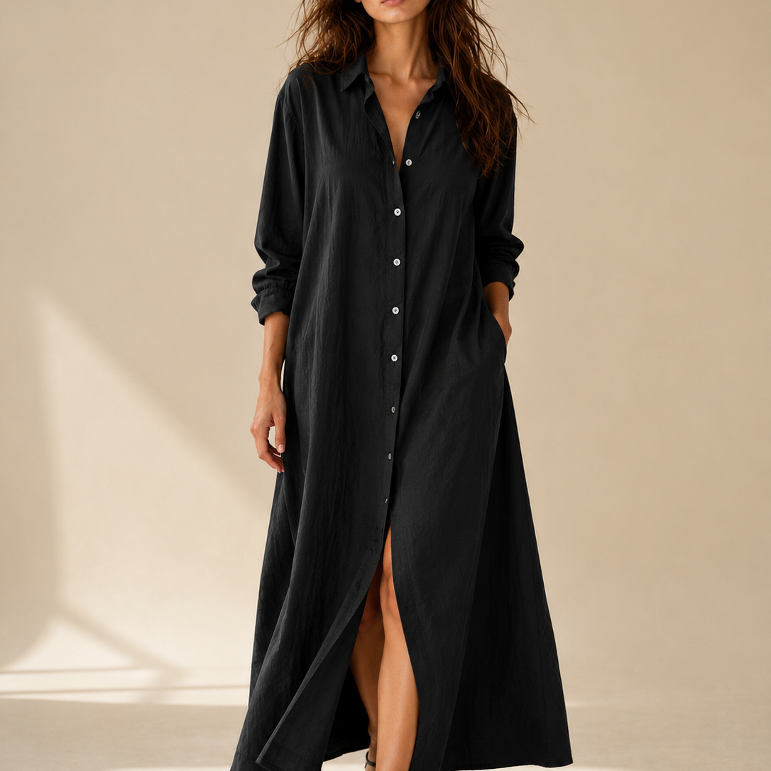Soline | Lockeres Schwarzes Maxikleid mit Knöpfen - Schwarz - Maxi Dress - Cow Clothing