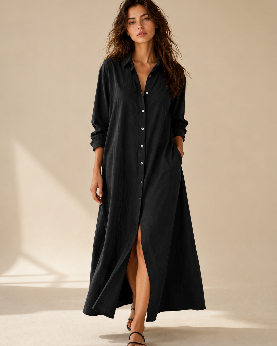 Soline | Lockeres Schwarzes Maxikleid mit Knöpfen - Schwarz - Maxi Dress - Cow Clothing