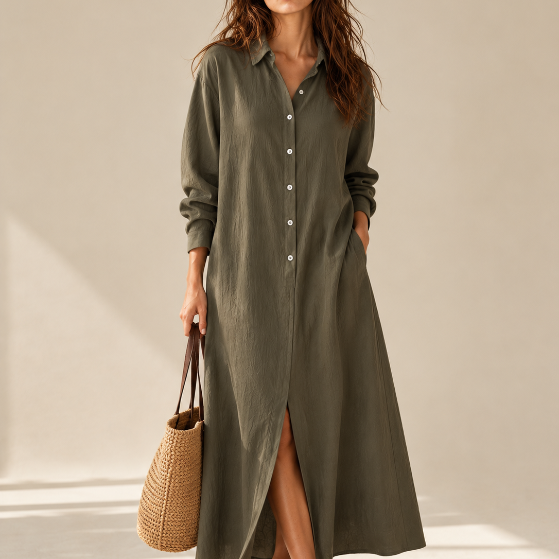 Soline | Lockeres Schwarzes Maxikleid mit Knöpfen - Grün - Maxi Dress - Cow Clothing